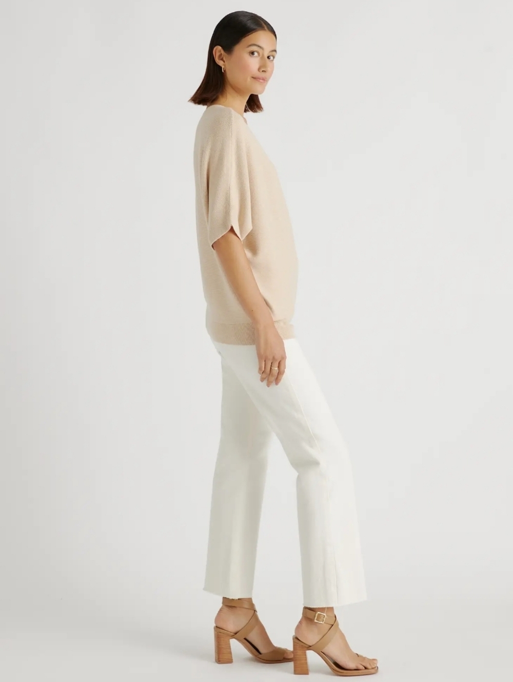 QUINCE Lightweight Cotton Cashmere Link-Stitch Dolman Sweater Heather Oatmeal L - Picture 7 of 10